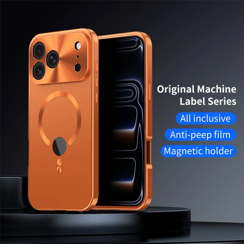 For iPhone 17 Pro Max Case Compatible with MagSafe PC + Metal Phone Cover with Anti Spy Screen Film - Orange