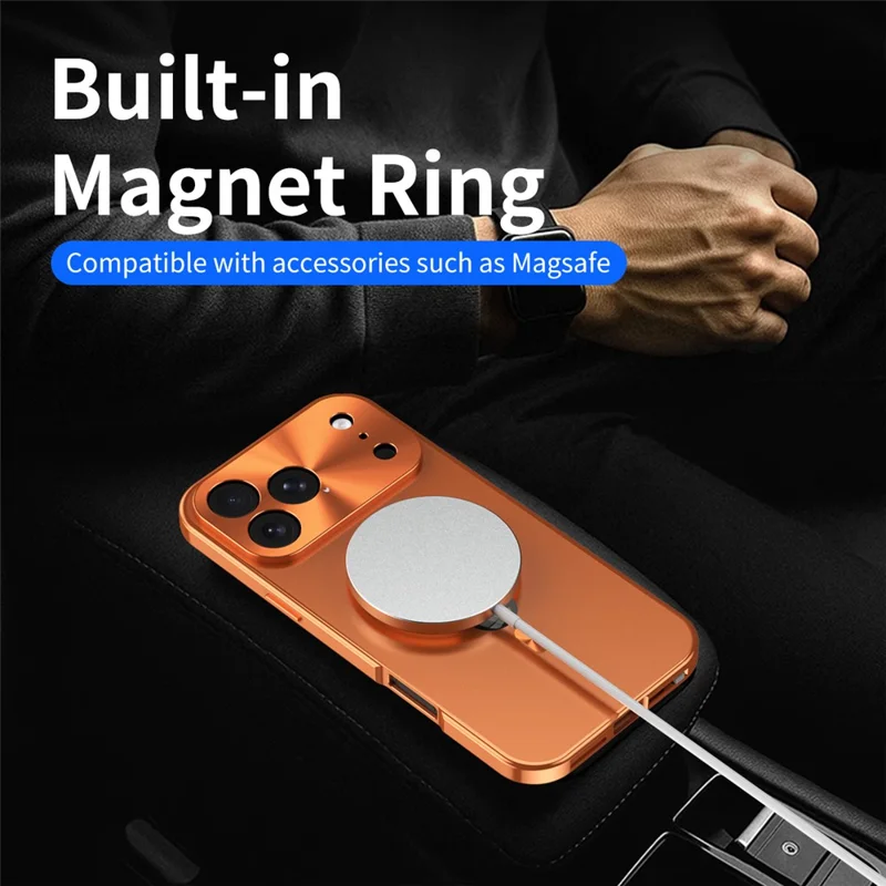 For iPhone 17 Pro Max Case Compatible with MagSafe PC + Metal Phone Cover with Anti Spy Screen Film - Orange