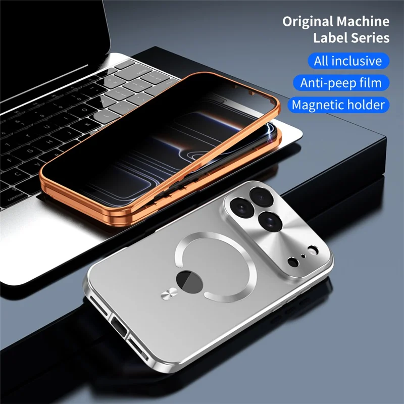 For iPhone 17 Pro Max Case Compatible with MagSafe PC + Metal Phone Cover with Anti Spy Screen Film - Orange