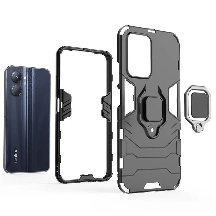 Hard PC + Soft TPU Case for Realme C33 2023 4G / C33 4G Ring Holder Kickstand Shockproof Cell Phone Cover - Black
