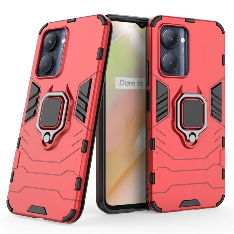 Hard PC + Soft TPU Case for Realme C33 2023 4G / C33 4G Ring Holder Kickstand Shockproof Cell Phone Cover - Red