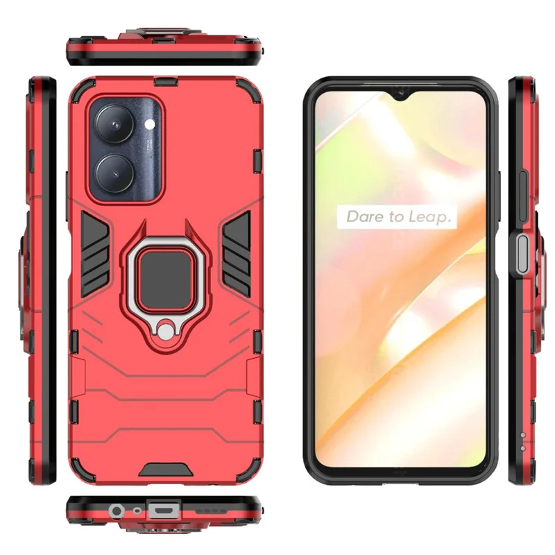 Hard PC + Soft TPU Case for Realme C33 2023 4G / C33 4G Ring Holder Kickstand Shockproof Cell Phone Cover - Red