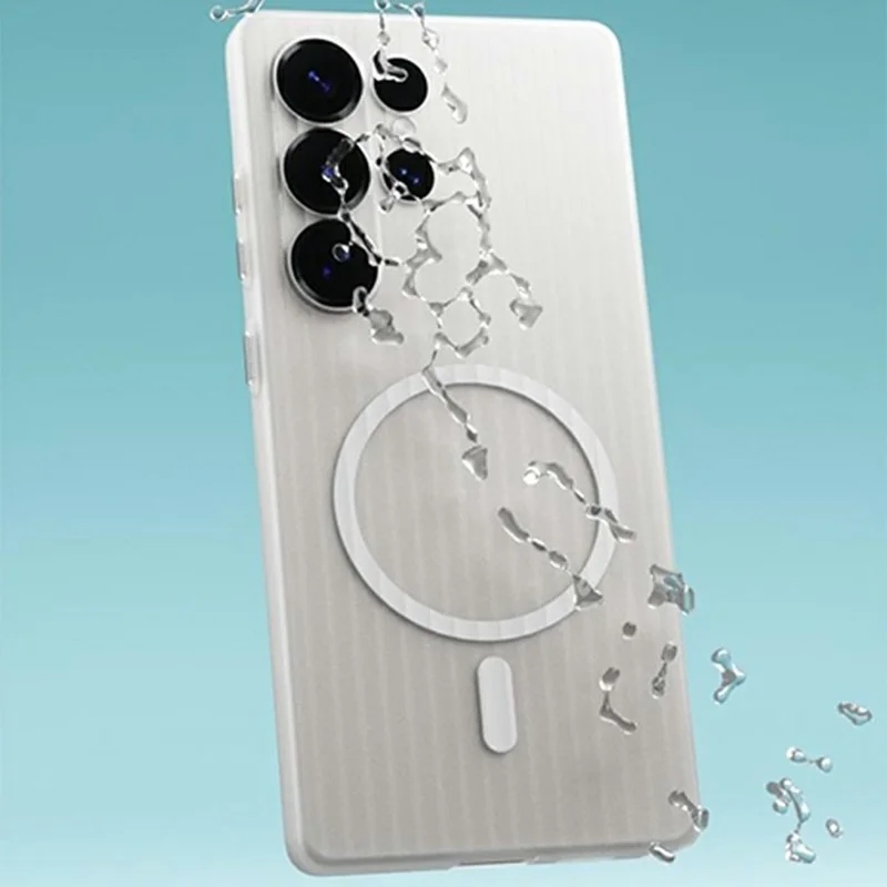 For Samsung Galaxy S25 Ultra Magnetic Case Corrugated Texture Hard PC Phone Cover - Transparent White