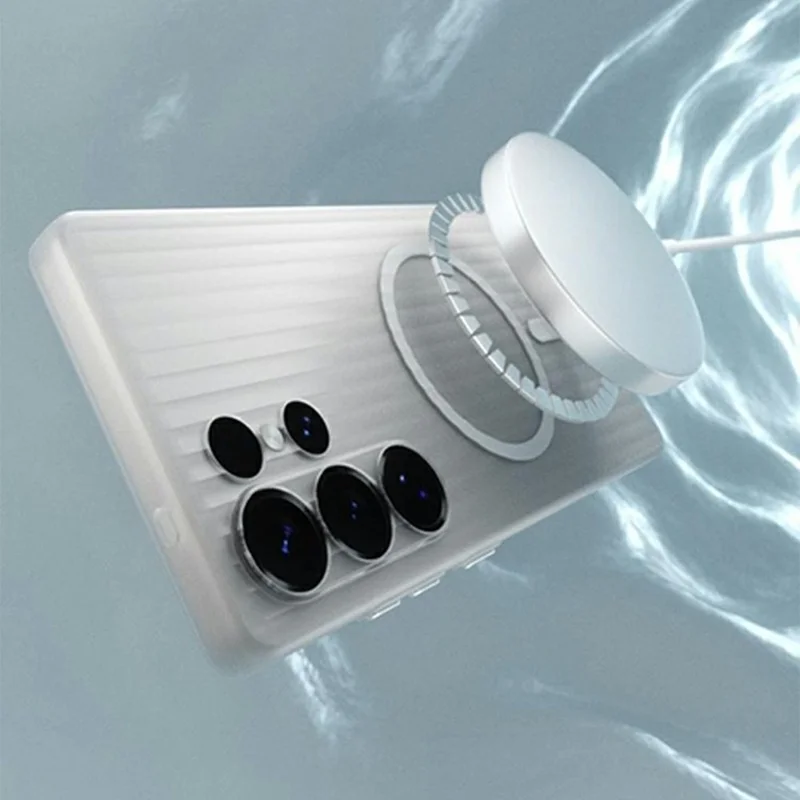 For Samsung Galaxy S24 Ultra Magnetic Case Corrugated Texture Hard PC Phone Cover - Transparent White