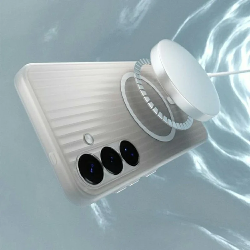 For Samsung Galaxy S24 Magnetic Case Corrugated Texture Hard PC Phone Cover - Transparent White