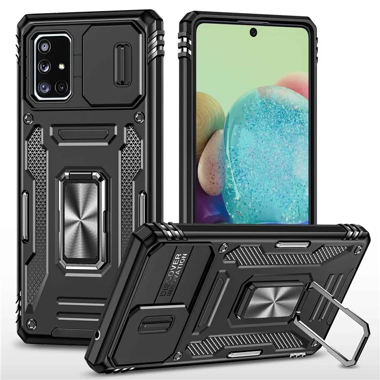 Armor Series for Samsung Galaxy A71 5G SM-A716 Kickstand Phone Case PC + TPU Impact-Resistant Protective Phone Protector with Slide Camera Cover - Black