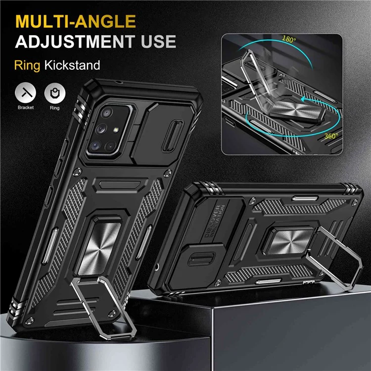Armor Series for Samsung Galaxy A71 5G SM-A716 Kickstand Phone Case PC + TPU Impact-Resistant Protective Phone Protector with Slide Camera Cover - Black