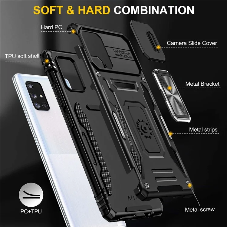 Armor Series for Samsung Galaxy A71 5G SM-A716 Kickstand Phone Case PC + TPU Impact-Resistant Protective Phone Protector with Slide Camera Cover - Black