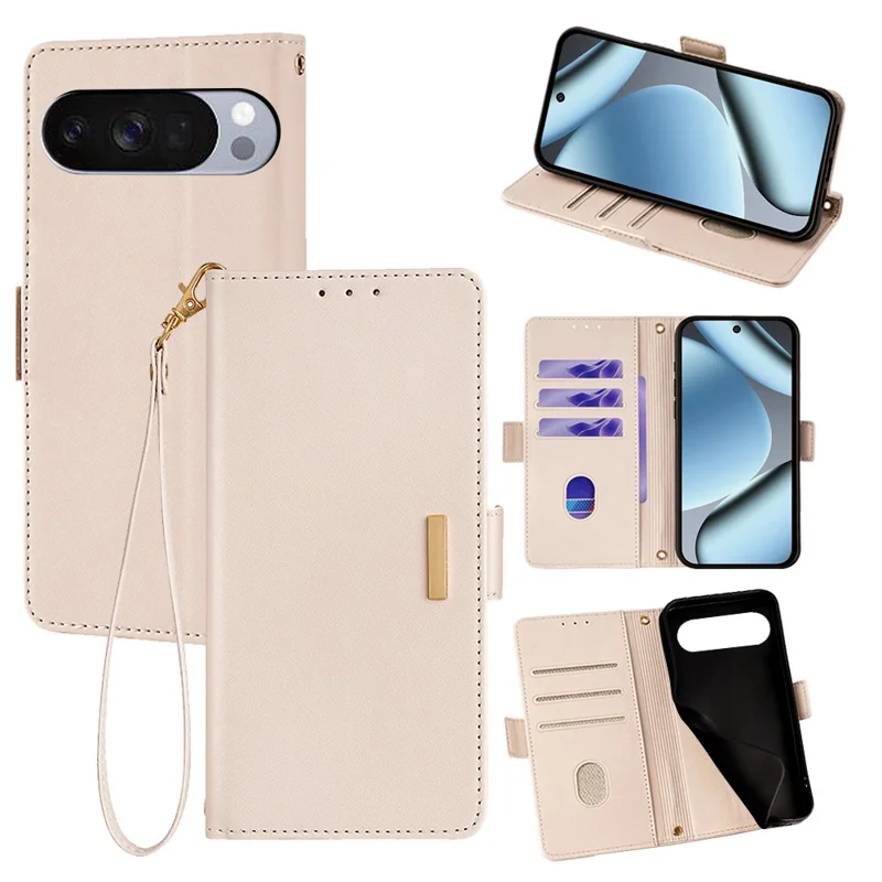 For Google Pixel 10 Pro XL Case RFID Blocking Wallet PU Leather Phone Cover with Wrist Strap - White