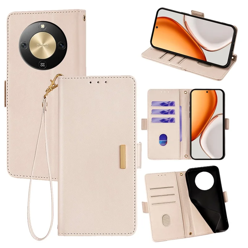 For Honor Magic8 Lite 5G / X9d 5G / X70 5G Case RFID Blocking Wallet PU Leather Phone Cover with Wrist Strap - White