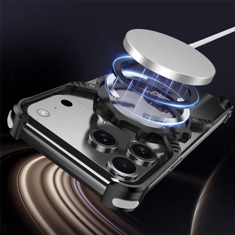 For iPhone 17 Pro Max Case Luminous Magnetic Kickstand Aluminum Alloy + PC Bumper Phone Cover Heat Dissipation - Black