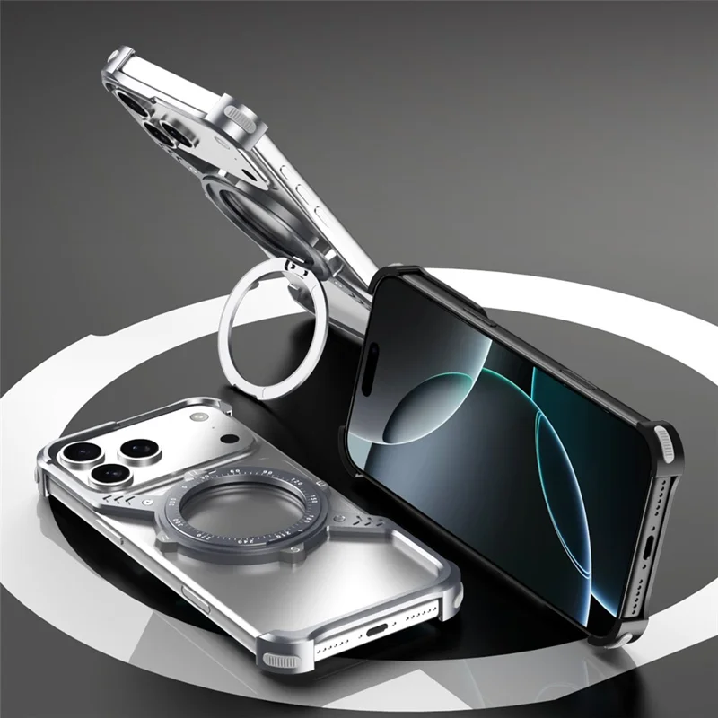 For iPhone 17 Pro Magnetic Case with Kickstand Four Corner Airbag Heat Dissipation Metal Phone Cover - Black