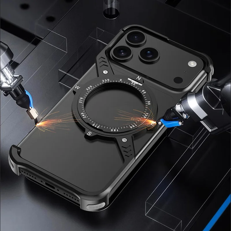 For iPhone 17 Pro Magnetic Case with Kickstand Four Corner Airbag Heat Dissipation Metal Phone Cover - Black