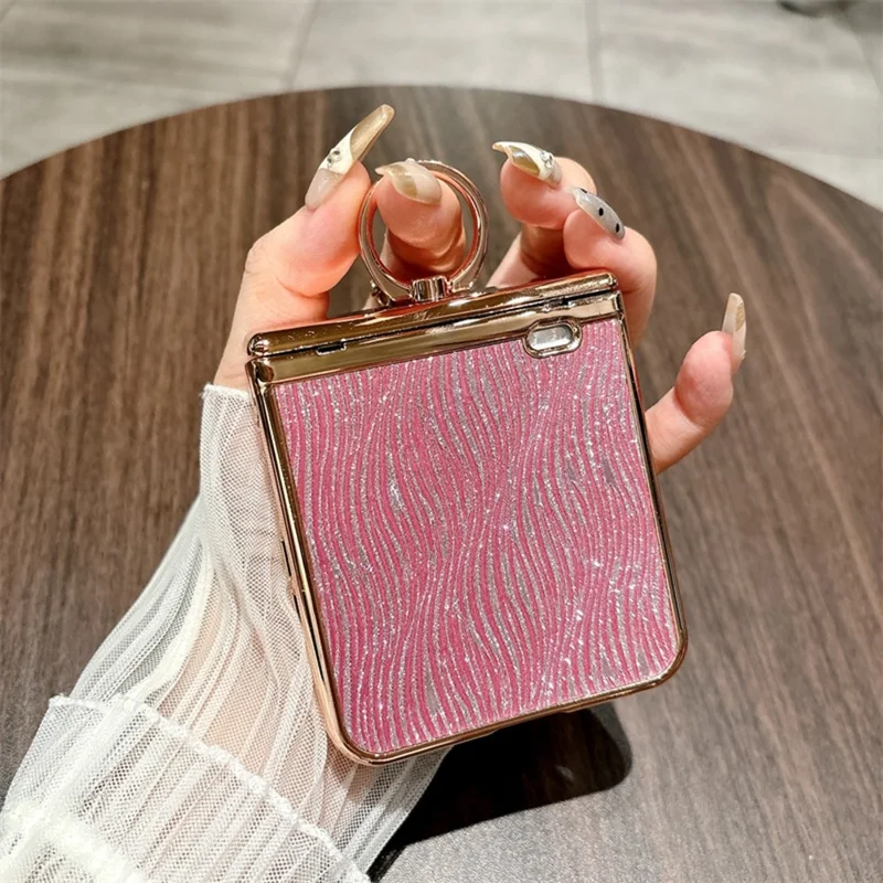 For Honor Magic V Flip 2 Case Ripple Texture Ring Holder Electrolpatinh Edge PC Phone Case - Silver