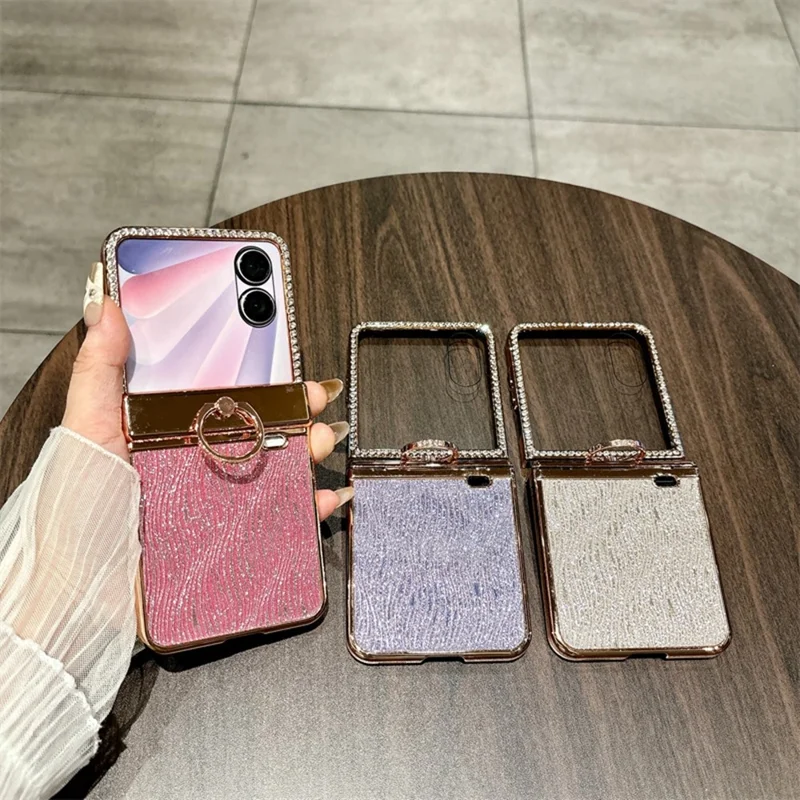 For Honor Magic V Flip 2 Case Ripple Texture Ring Holder Electrolpatinh Edge PC Phone Case - Silver