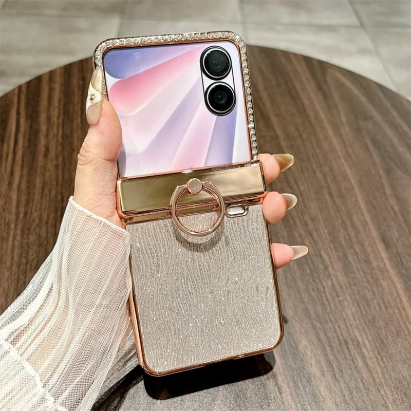 For Honor Magic V Flip 2 Case Ripple Texture Ring Holder Electrolpatinh Edge PC Phone Case - Silver