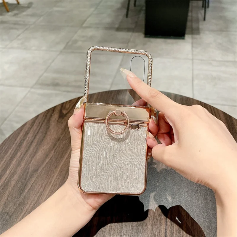 For Honor Magic V Flip 2 Case Ripple Texture Ring Holder Electrolpatinh Edge PC Phone Case - Silver