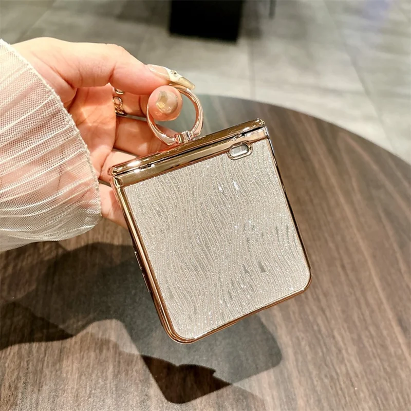 For Honor Magic V Flip 2 Case Ripple Texture Ring Holder Electrolpatinh Edge PC Phone Case - Silver