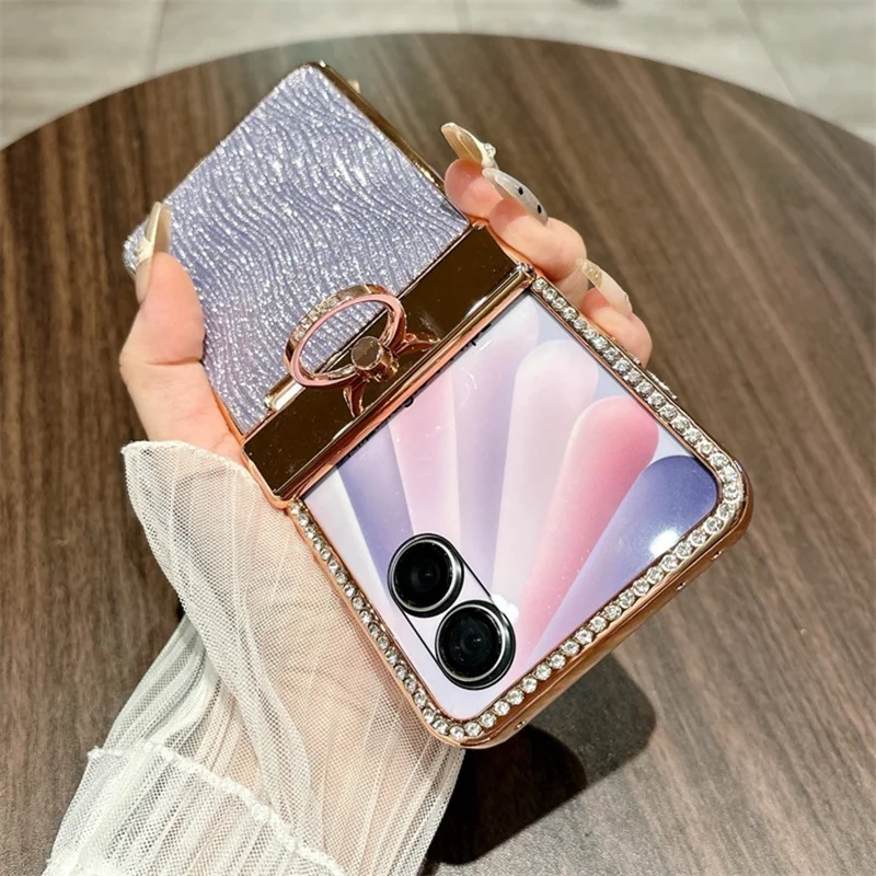 For Honor Magic V Flip 2 Case Ripple Texture Ring Holder Electrolpatinh Edge PC Phone Case - Silver