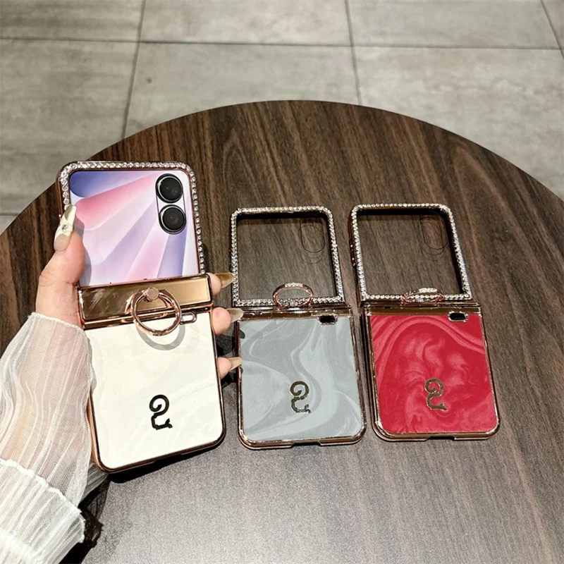 For Honor Magic V Flip 2 Case Ring Holder Electroplated Gold Edge PC Phone Cover - Red