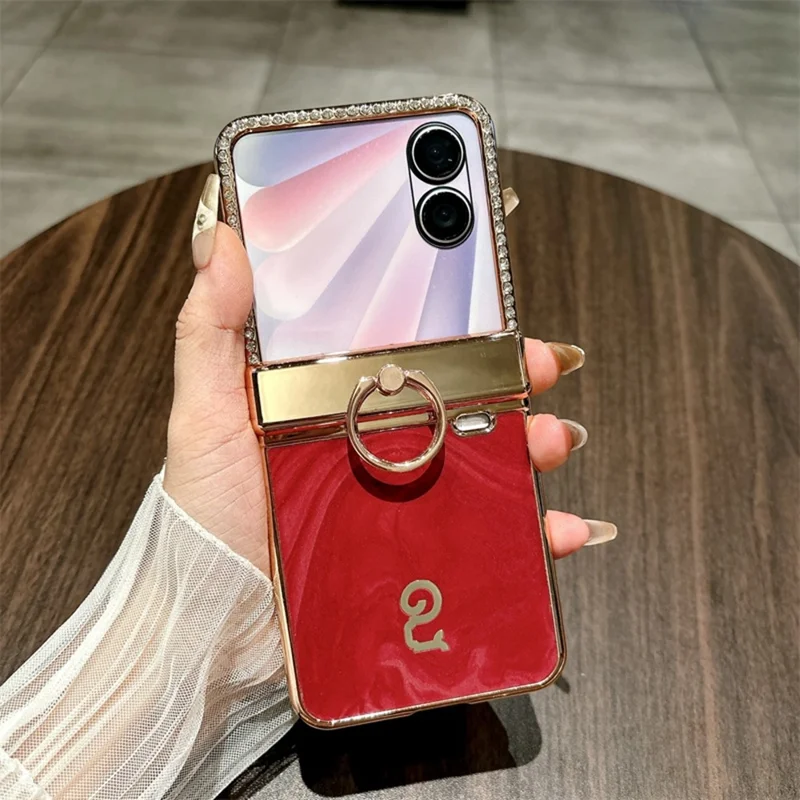 For Honor Magic V Flip 2 Case Ring Holder Electroplated Gold Edge PC Phone Cover - Red