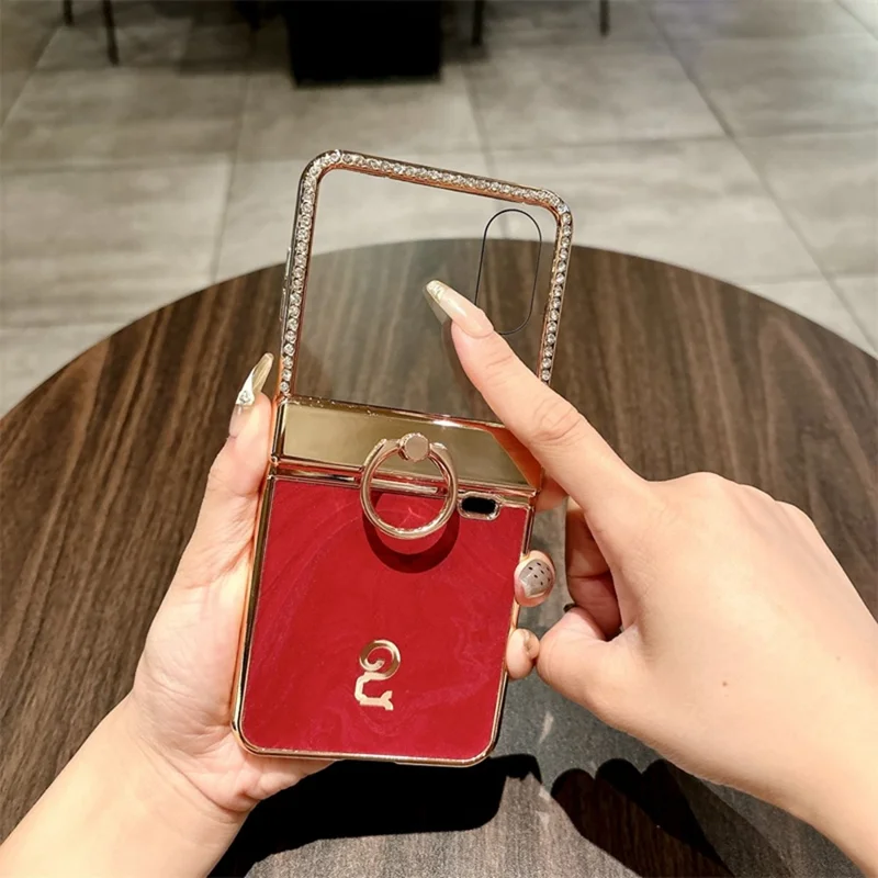 For Honor Magic V Flip 2 Case Ring Holder Electroplated Gold Edge PC Phone Cover - Red