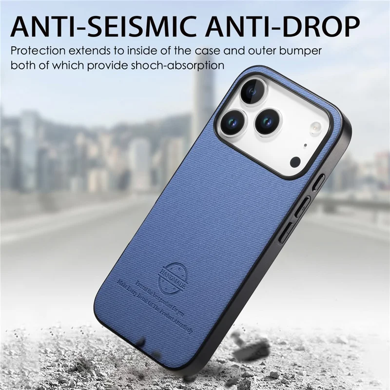Voor iPhone 17 Pro Max hoesje van lederen telefoonachterkant met stofstructuur - Blauw