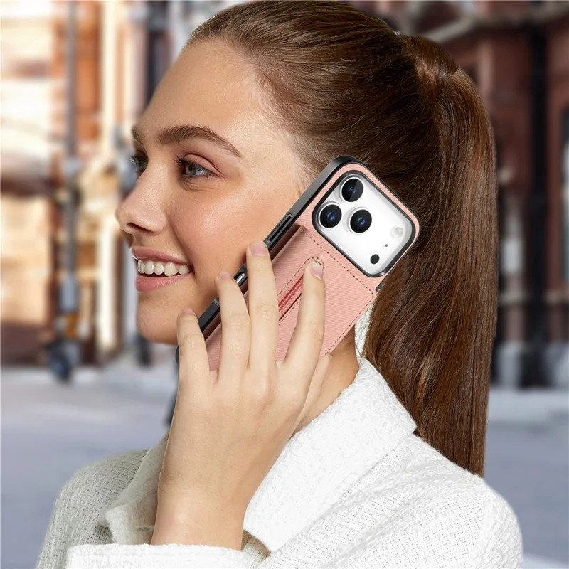 Hoesje voor iPhone 17 Pro Max met rits, kaarthouder, standaard en jeansstofstructuur in lederen uitvoering - Roze