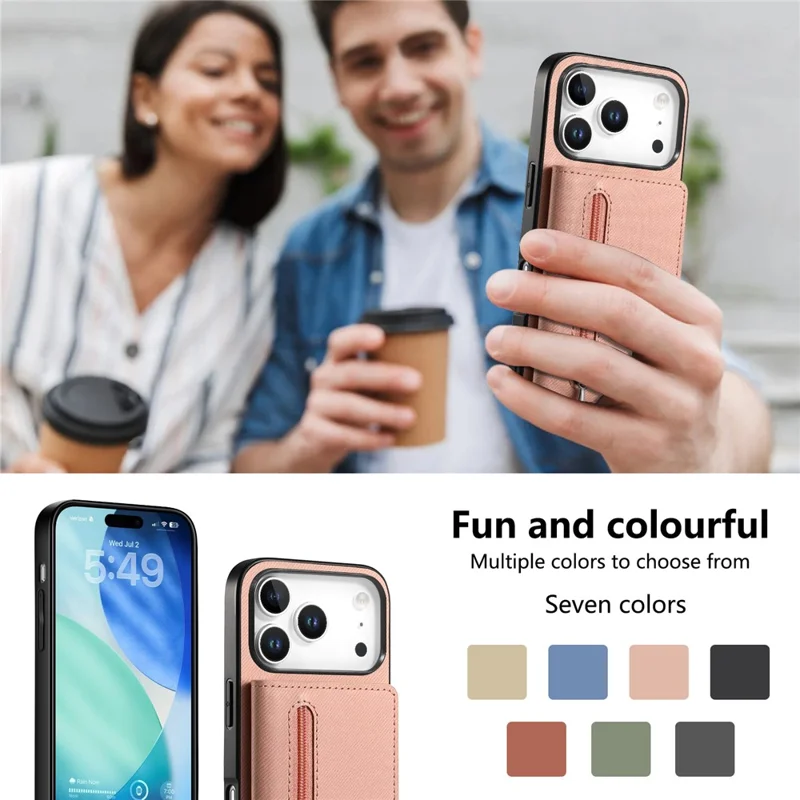 Hoesje voor iPhone 17 Pro Max met rits, kaarthouder, standaard en jeansstofstructuur in lederen uitvoering - Roze