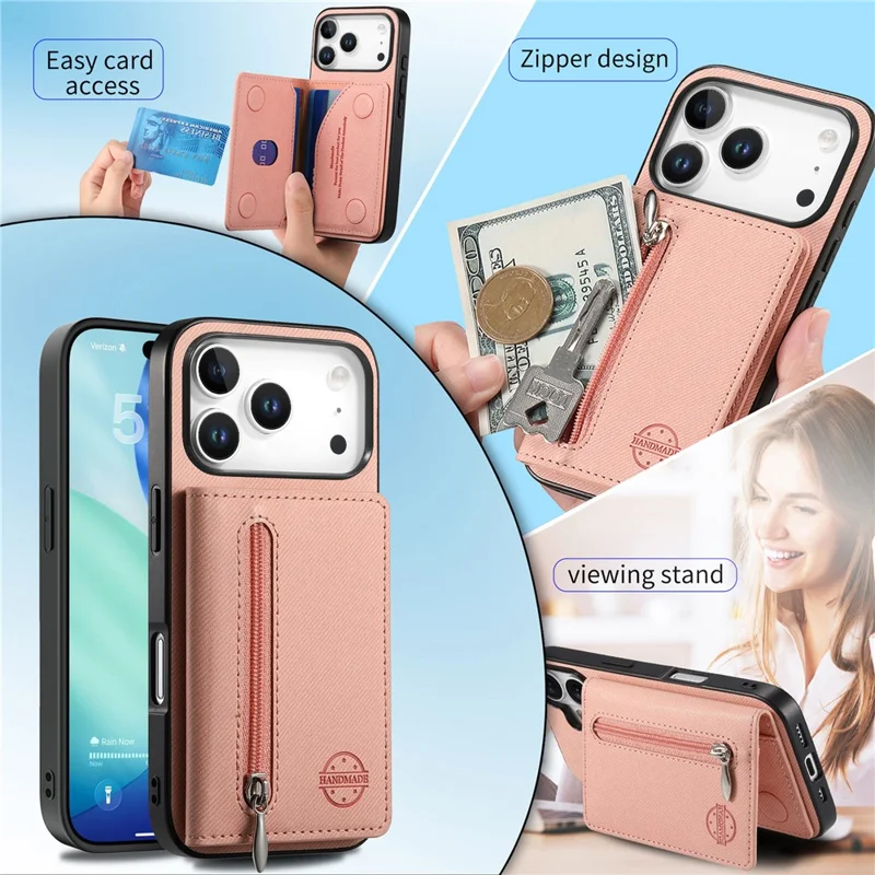 Hoesje voor iPhone 17 Pro Max met rits, kaarthouder, standaard en jeansstofstructuur in lederen uitvoering - Roze