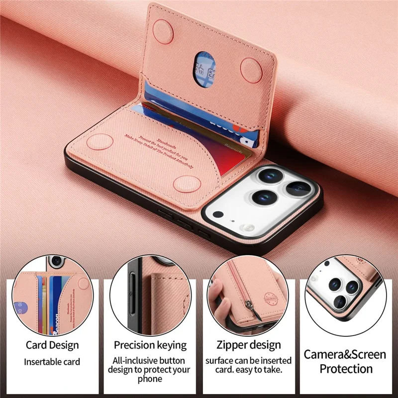 Hoesje voor iPhone 17 Pro Max met rits, kaarthouder, standaard en jeansstofstructuur in lederen uitvoering - Roze