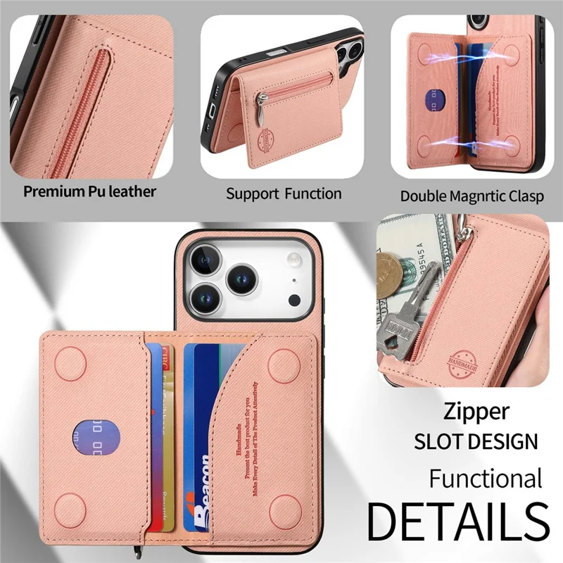 Hoesje voor iPhone 17 Pro Max met rits, kaarthouder, standaard en jeansstofstructuur in lederen uitvoering - Roze