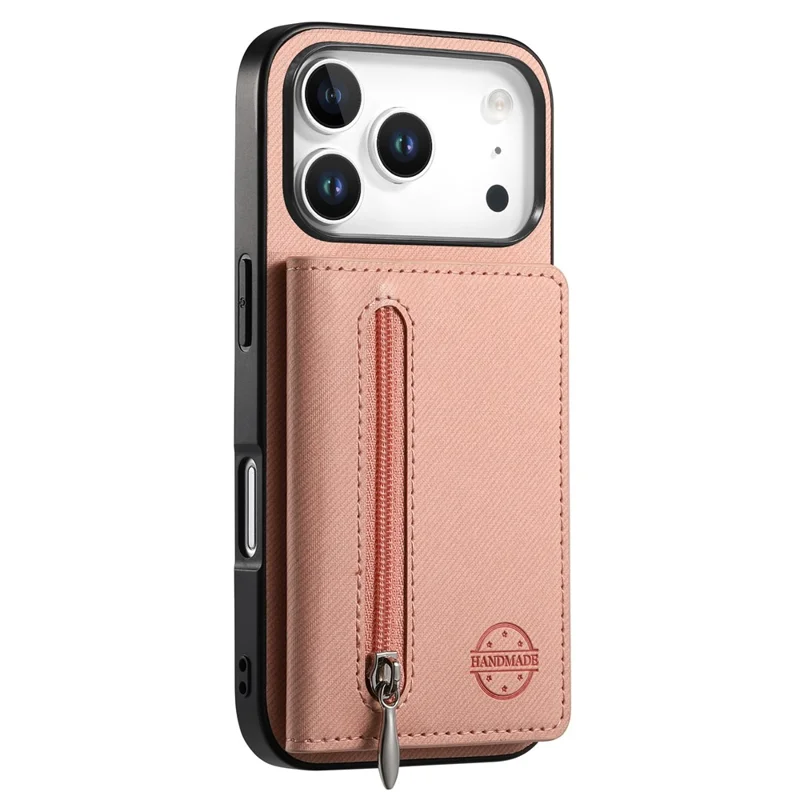 Hoesje voor iPhone 17 Pro Max met rits, kaarthouder, standaard en jeansstofstructuur in lederen uitvoering - Roze