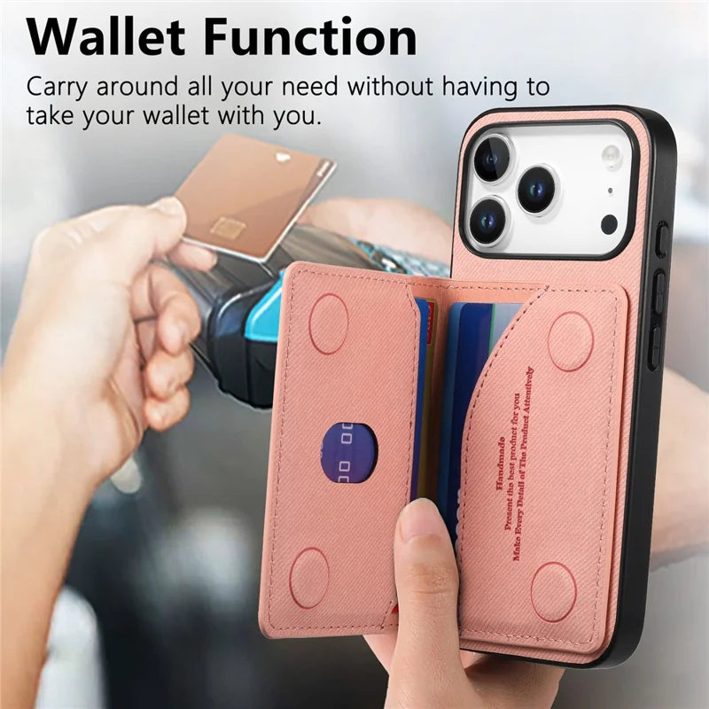 Hoesje voor iPhone 17 Pro Max met rits, kaarthouder, standaard en jeansstofstructuur in lederen uitvoering - Roze