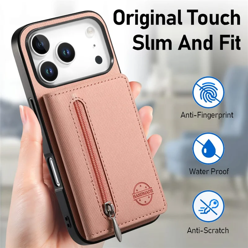 Hoesje voor iPhone 17 Pro Max met rits, kaarthouder, standaard en jeansstofstructuur in lederen uitvoering - Roze