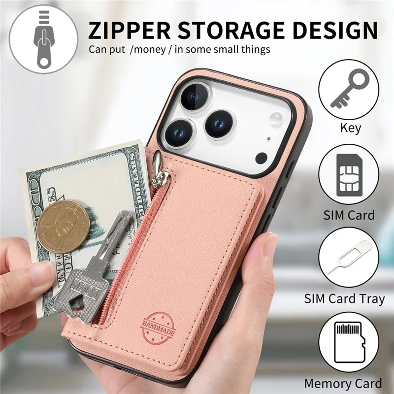 Hoesje voor iPhone 17 Pro Max met rits, kaarthouder, standaard en jeansstofstructuur in lederen uitvoering - Roze