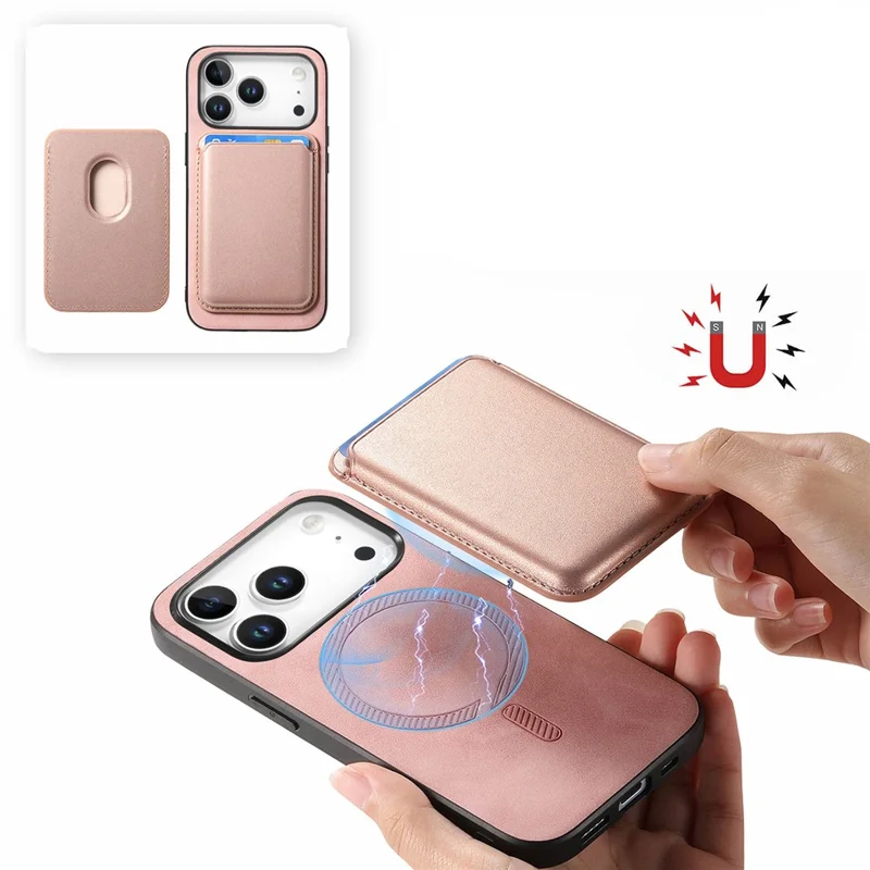 For iPhone 17 Pro Max Case Detachable Magnetic Card Bag Leather + TPU Phone Cover - Pink