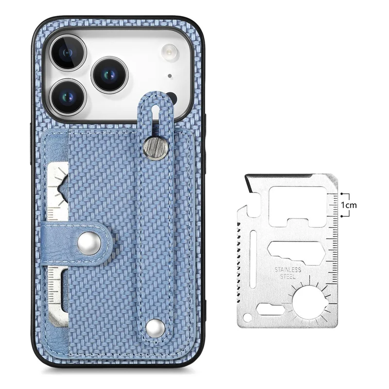 For iPhone 17 Pro Max Case Wristband Anti-Drop Leather Back Cover Card Holder - Blue