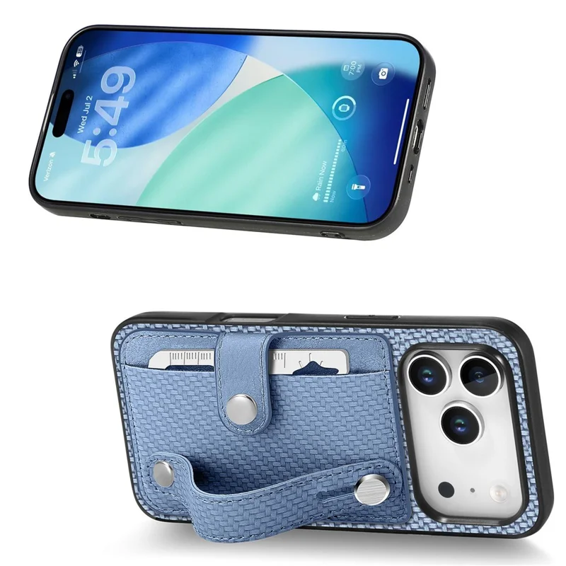 For iPhone 17 Pro Max Case Wristband Anti-Drop Leather Back Cover Card Holder - Blue