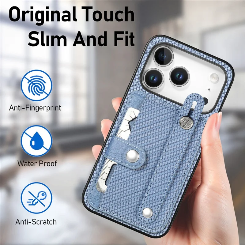 For iPhone 17 Pro Max Case Wristband Anti-Drop Leather Back Cover Card Holder - Blue