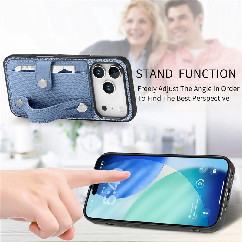 For iPhone 17 Pro Max Case Wristband Anti-Drop Leather Back Cover Card Holder - Blue