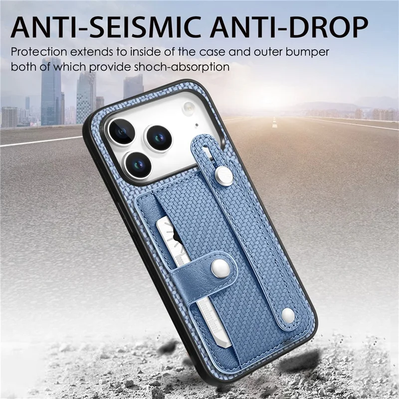 For iPhone 17 Pro Max Case Wristband Anti-Drop Leather Back Cover Card Holder - Blue