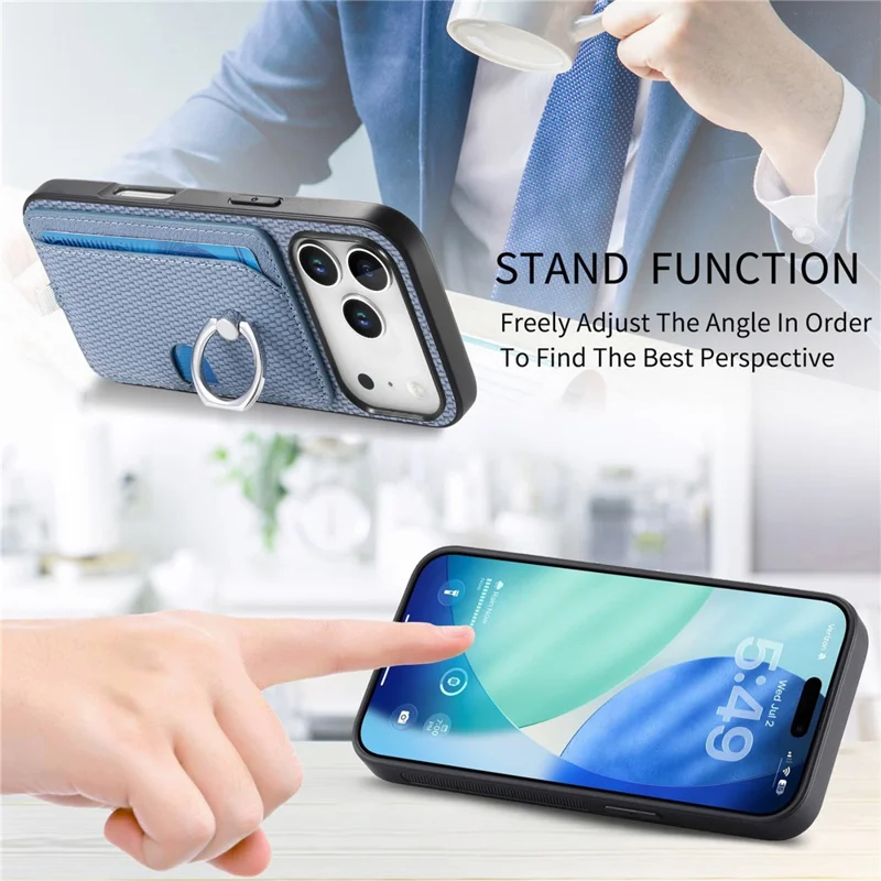 For iPhone 17 Pro Max Case Ring Kickstand Leather Back Cover with Magnetic Detachable Card Holder - Blue