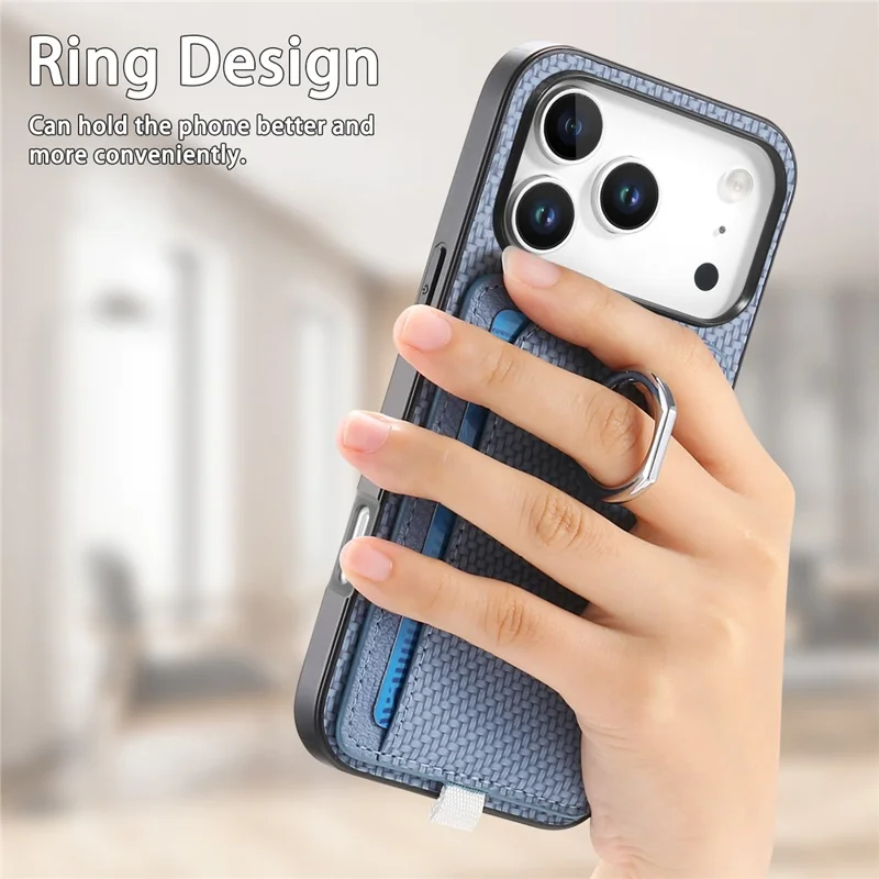 For iPhone 17 Pro Max Case Ring Kickstand Leather Back Cover with Magnetic Detachable Card Holder - Blue