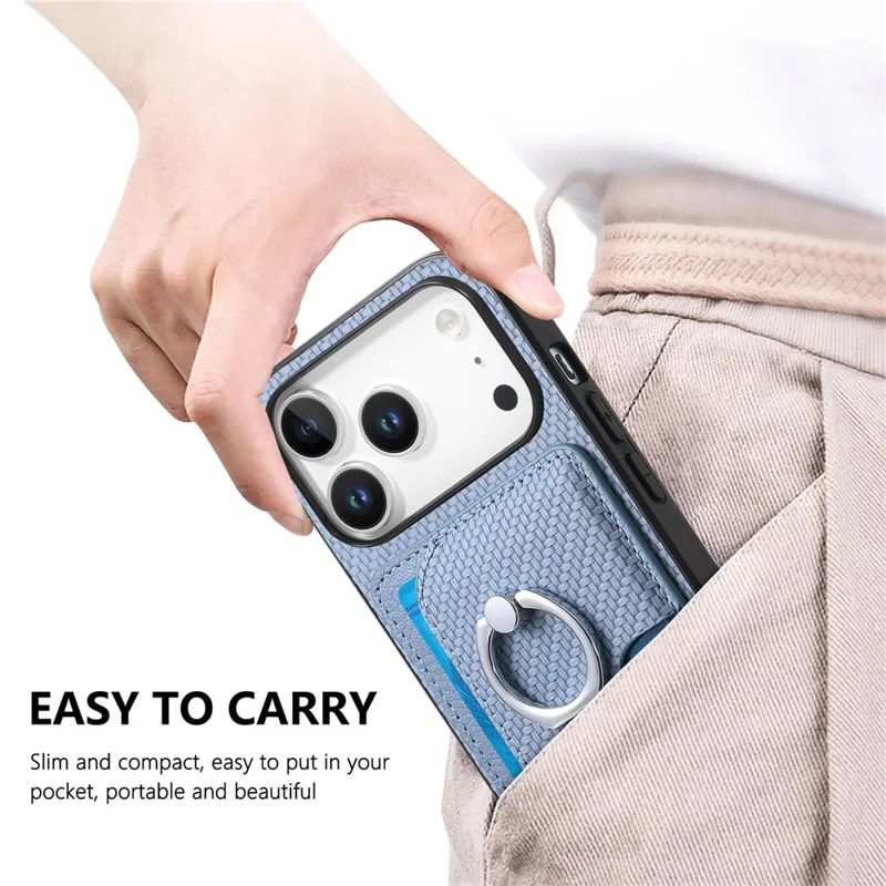 For iPhone 17 Pro Max Case Ring Kickstand Leather Back Cover with Magnetic Detachable Card Holder - Blue