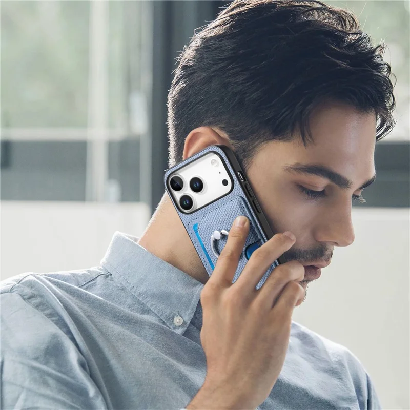 For iPhone 17 Pro Max Case Ring Kickstand Leather Back Cover with Magnetic Detachable Card Holder - Blue