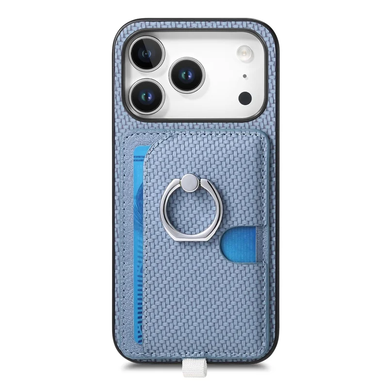 For iPhone 17 Pro Max Case Ring Kickstand Leather Back Cover with Magnetic Detachable Card Holder - Blue