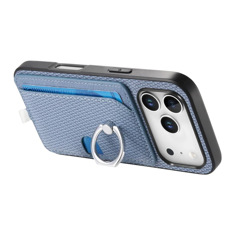 For iPhone 17 Pro Max Case Ring Kickstand Leather Back Cover with Magnetic Detachable Card Holder - Blue