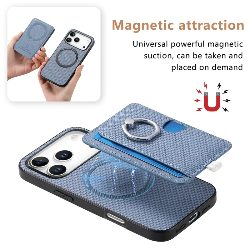 For iPhone 17 Pro Max Case Ring Kickstand Leather Back Cover with Magnetic Detachable Card Holder - Blue