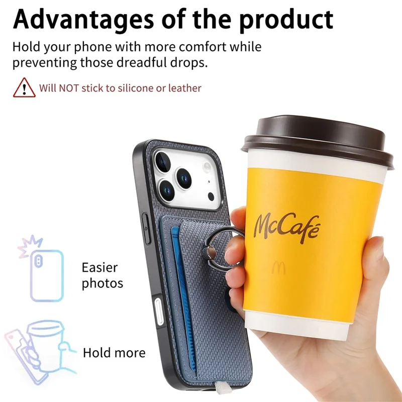 For iPhone 17 Pro Max Case Ring Kickstand Leather Back Cover with Magnetic Detachable Card Holder - Blue